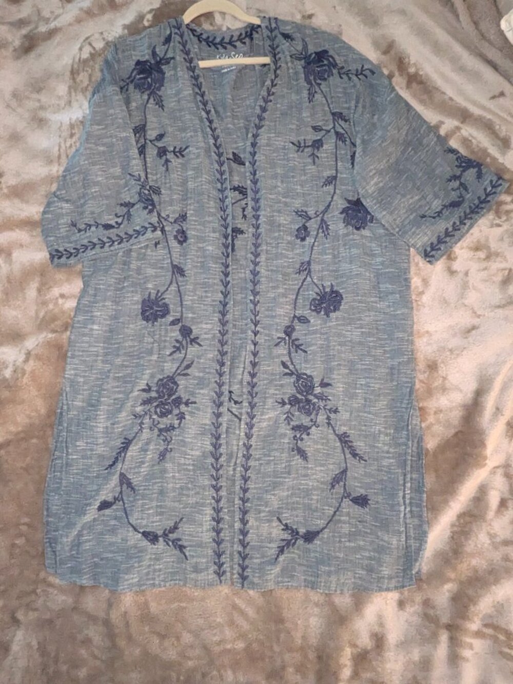 Kyla Seo knee length embroidered cardigan, Blue, Sz Medium